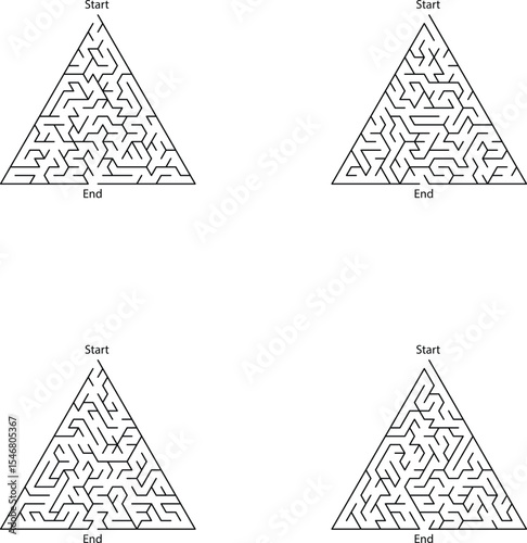 Four Blackand Triangular Mazes Start End Points Line Art Puzzles Game Design vector