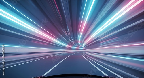 Futuristic tunnel road perspective with colorful motion blur background illustrating speed and technology