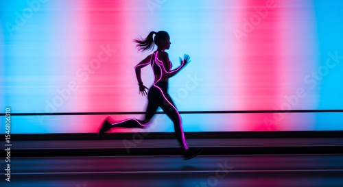 Silhouette of a woman running with neon glowing outlines on a motion blur background