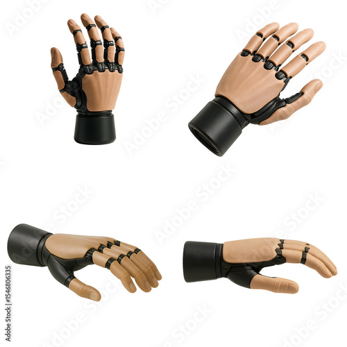 Advanced bionic prosthetic hand – multiple realistic angles – human skin tone with matte black joints – isolated 3D render PNG