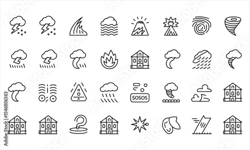 Collection of line icons for natural disasters and weather events