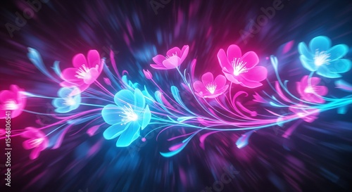 Vibrant glowing flowers with neon colors and a dynamic motion blur background