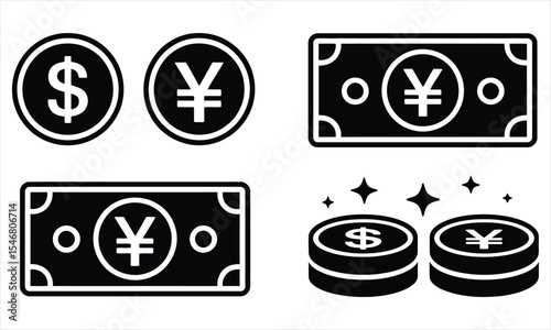 Dollar and yen currency icons coins and banknotes