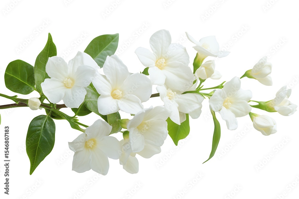 Fototapeta premium Delicate white flowers with vibrant green leaves on a white background