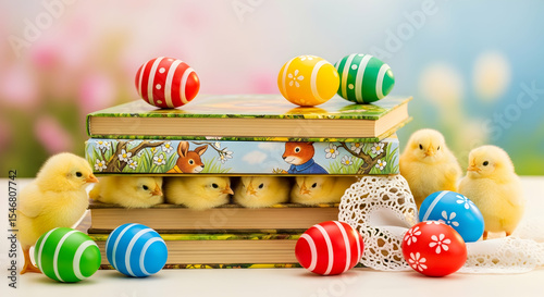 Whimsical Easter Still Life Featuring Chicks, Decorated Eggs, and Storybooks