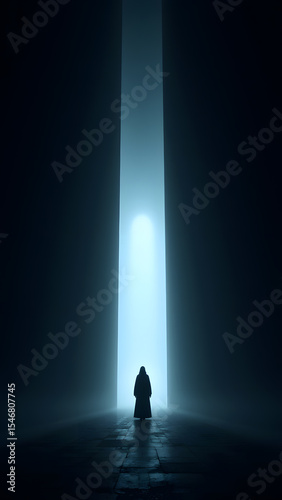 Solitary Figure in Light Beam: A hooded figure kneels in a dimly lit space, a single beam of light illuminating the path ahead. The scene evokes mystery, contemplation, and spiritual searching.