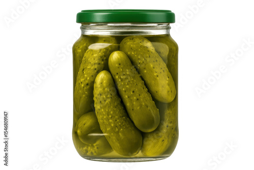 Glass jar filled with pickled gherkins, preserving crisp cucumbers in salty brine against clean transparent backdrop