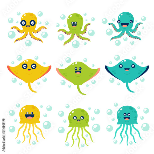 Cute cartoon sea animals set with octopus, stingray, and jellyfish in bright colors. Vector illustration.