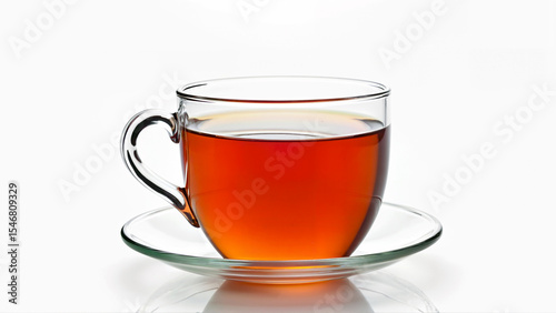 A transparent glass cup with brewed tea sits on a matching saucer, isolated on a white background. The image is suitable for illustrating beverage, refreshment, or tea-related concepts.