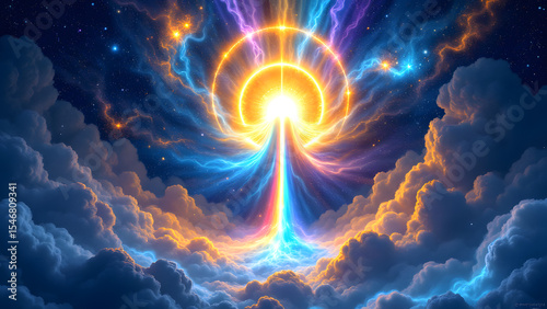 Celestial Ascension: A breathtaking cosmic vista unfolds, revealing a vibrant burst of light. The artwork captures a sense of otherworldly beauty.