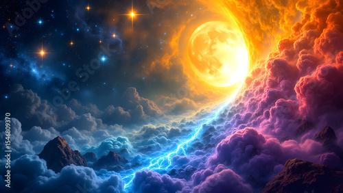 Celestial Symphony: A celestial dance unfolds, showcasing a brilliant moon emerging from swirling clouds painted in vibrant hues, accompanied by a tapestry of stars and cosmic energy.