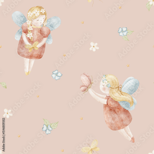 Watercolor pattern fairy girl butterflies fly in flowers. Illustration hand drawn. Seamless print children on pink background for fabric baby clothes, textiles, packaging
