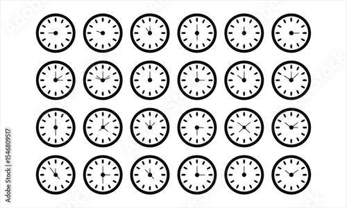 Collection of simple black clock icons showing different times