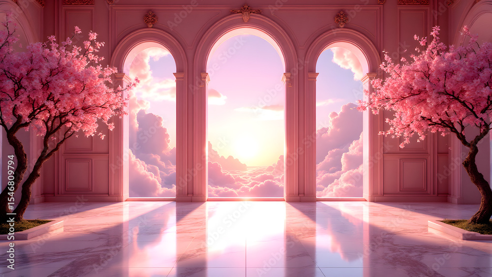 Obraz premium Dreamy Architectural Vista: An enchanting architectural structure frames a serene sunrise amidst blossoming cherry trees.