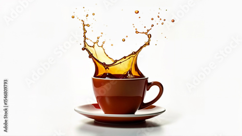 Aromatic coffee splashes out of a brown cup on a white isolated background. The image is suitable for beverage, cafe, or breakfast concepts.