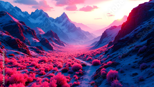 Majestic Mountains Embrace: A breathtaking scene of snow-covered mountain peaks, bathed in a serene pink and blue light, with vibrant fields in the foreground and the promise of a tranquil sunrise.