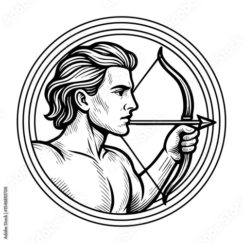 Black illustration of the Sagittarius zodiac sign with an archer and bow in a vintage linocut style on transparent background.