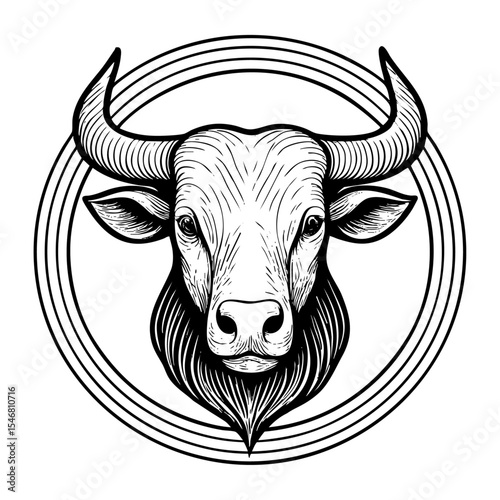 Black Taurus zodiac bull head in line art style, isolated on transparent background.

