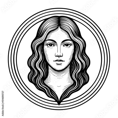 Black and white Virgo zodiac sign illustration of a woman’s head in engraved style, isolated on transparent background.


