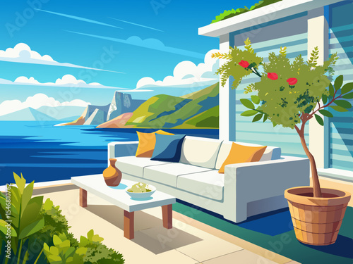 vector of A quiet outdoor patio overlooking the sea and a white sofa with a big pot next to it is cozy and relaxing...