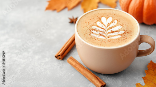 Cozy pumpkin spice latte in pink cup with cinnamon sticks and leaves  
