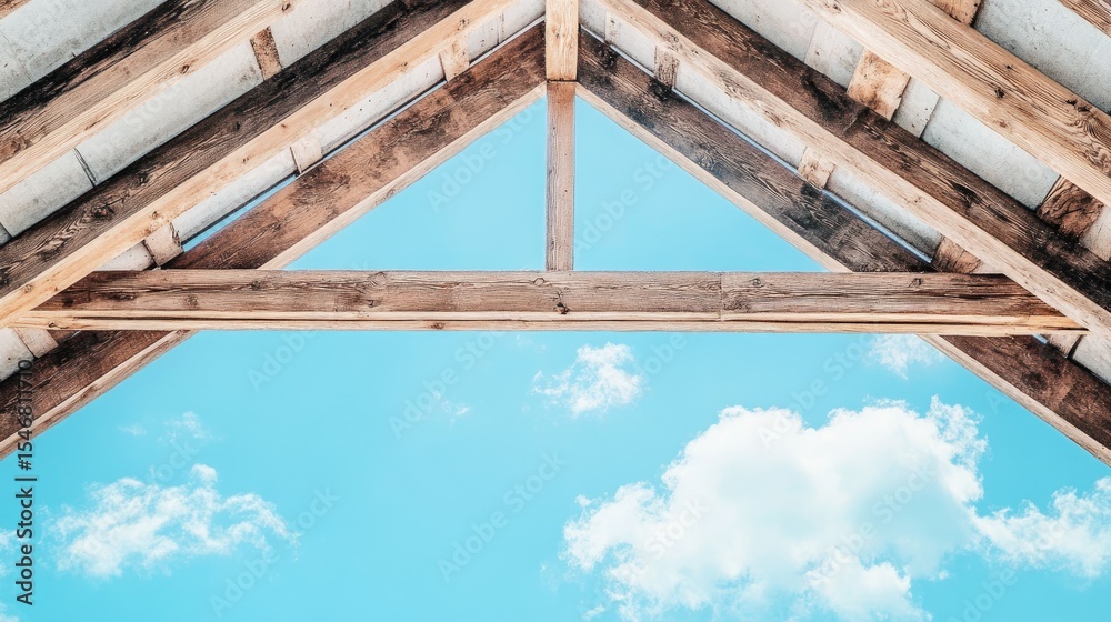 Obraz premium Wooden roof structure against a bright blue sky.