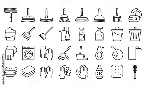 Cleaning supplies and equipment line icons collection