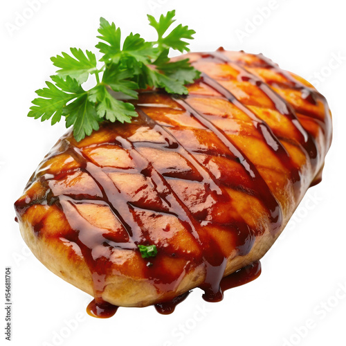 Grilled Teriyaki Chicken Breast with Parsley Garnish isolated on a transparent background