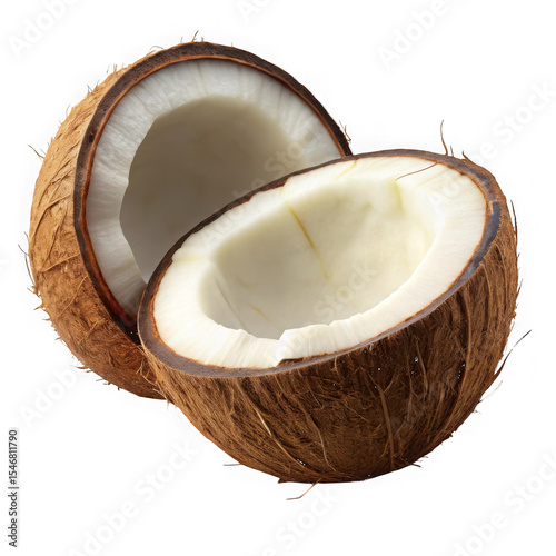 Halved Brown Coconut Showing White Interior isolated on a transparent background halved coconut