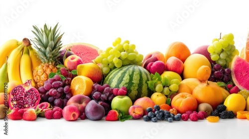A Vibrant and Colorful Display of Fresh Fruits Including Watermelon, Pineapple, and Grapes on a White Background