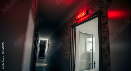 Eerie Hallway With Red Emergency Lights Creates a Sense of Dread