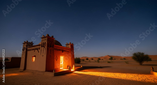 Illuminated Berber Architecture Against Desert Starry Night in Moroccan Landscape