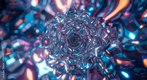 Close up of a metallic, reflective, textured, abstract sphere with colorful background lights