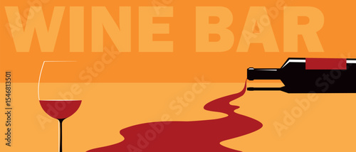 End of the party, spilled wine, bottle of alcohol and glass, horizontal poster. For bar, restaurant, wine list, kitchen banner, flat style chardonnay, merlot, burgundy