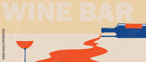 Spilled wine, bottle lies, glass, party is over. Minimalistic flat design for a bar poster, party, bar alcohol menu, wine list