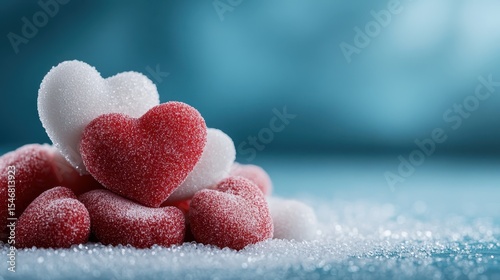 A collection of vibrant red and white sugar hearts is delicately arranged on a blue surface, symbolizing love, sweetness, and celebration, perfect for romantic occasions.
