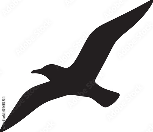 Silhouette of a seagull flying with wings spread wide. Ideal for nautical, coastal, and wildlife designs.
