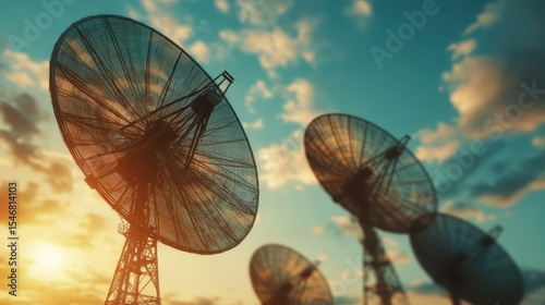 A stunning silhouette of satellite dishes against a vibrant sunset sky, showcasing technology's harmony with nature, portraying the connection between communication and the environment.