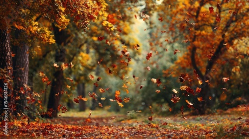 Colorful Autumn Leaves Falling in a Peaceful Forest Scene, Natural Seasonal Beauty, Concept of Nature Photography and Outdoor Travel