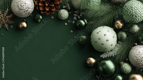 Elegant Christmas Green Background Adorned with Ornaments and Pine Accents