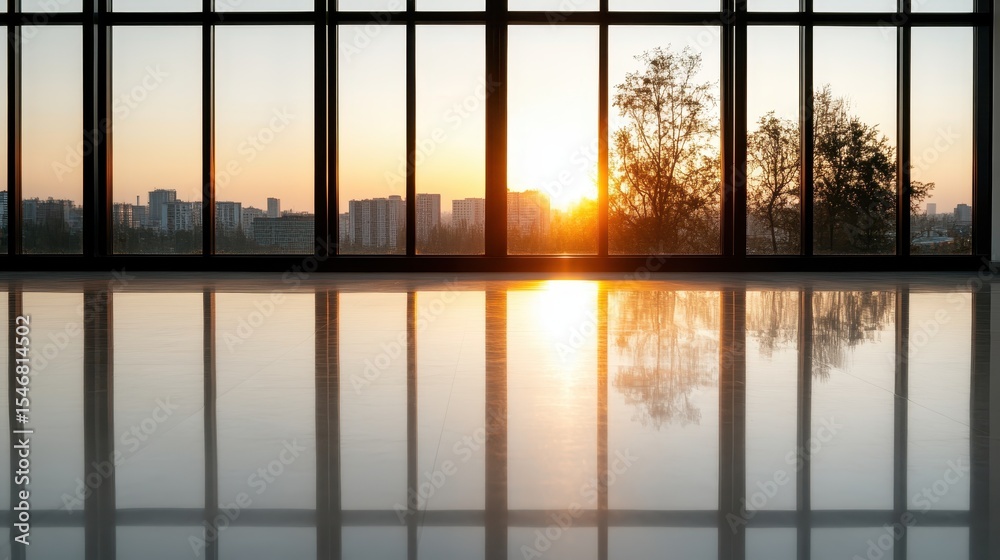 Fototapeta premium A breathtaking sunset illuminates a modern building through large glass windows, reflecting vibrant colors and creating a serene, tranquil atmosphere perfect for relaxation.