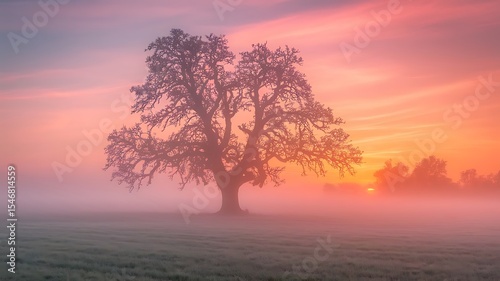 A single tree stands tall in a quiet, foggy field at sunrise, bathed in soft pastel colors. A meditative landscape perfect for calm and serenity themes.