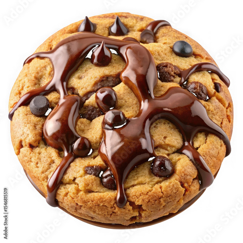 Large Round Chocolate Chip Cookie Drizzled with Chocolate isolated on a transparent background
