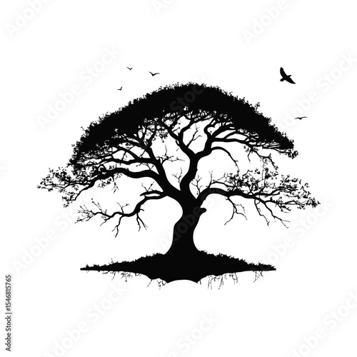 A solitary tree silhouette black and white vector design