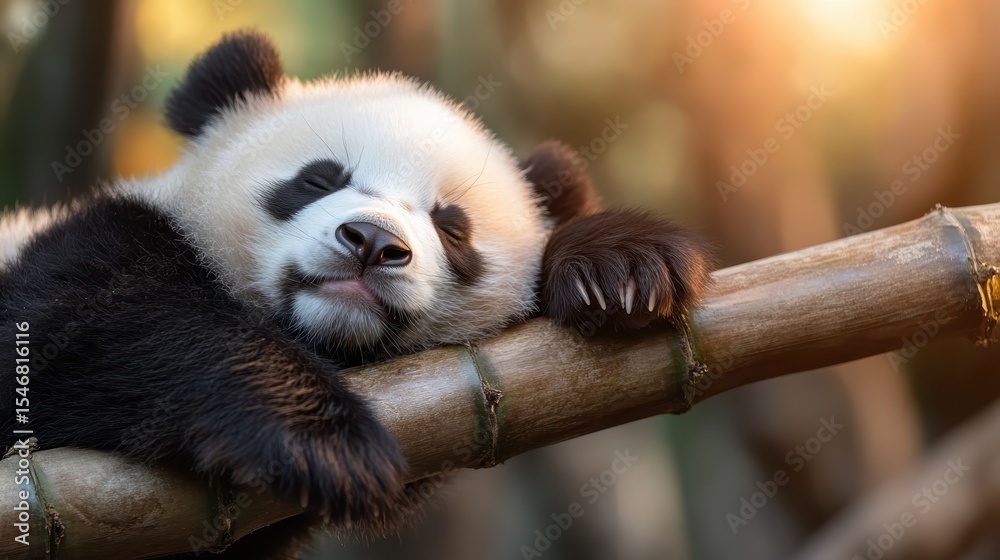 Obraz premium A charming panda resting on a bamboo branch, embodying tranquility and innocence in a lush setting, bringing a sense of joy and wonder to viewers with its endearing demeanor.