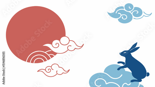 minimalist red sun blue rabbit and clouds illustration vector illustration of an abstract background