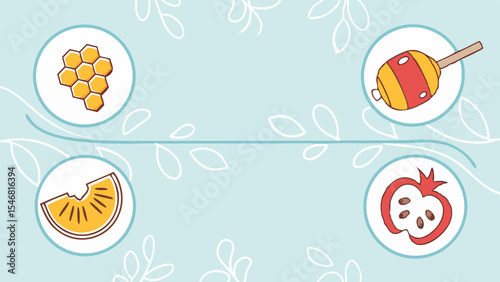 natural sweet healthy food icons on light blue vine background easter card with eggs and flowers