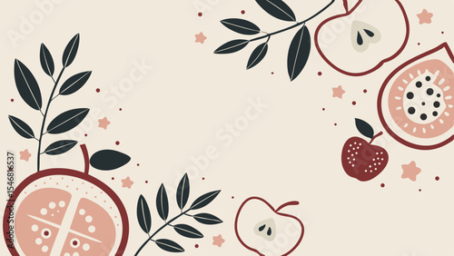 flat vector autumn fruit illustration with leaves and stars on beige background