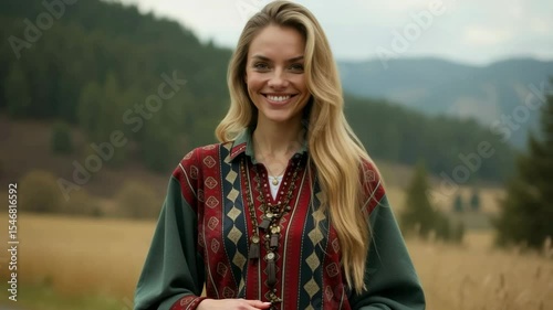 Happy blonde woman in ethnic shirt and long necklace smiling brightly at camera outdoors