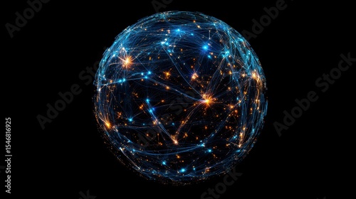 Abstract glowing sphere with interconnected nodes and lines, representing global network or communication.